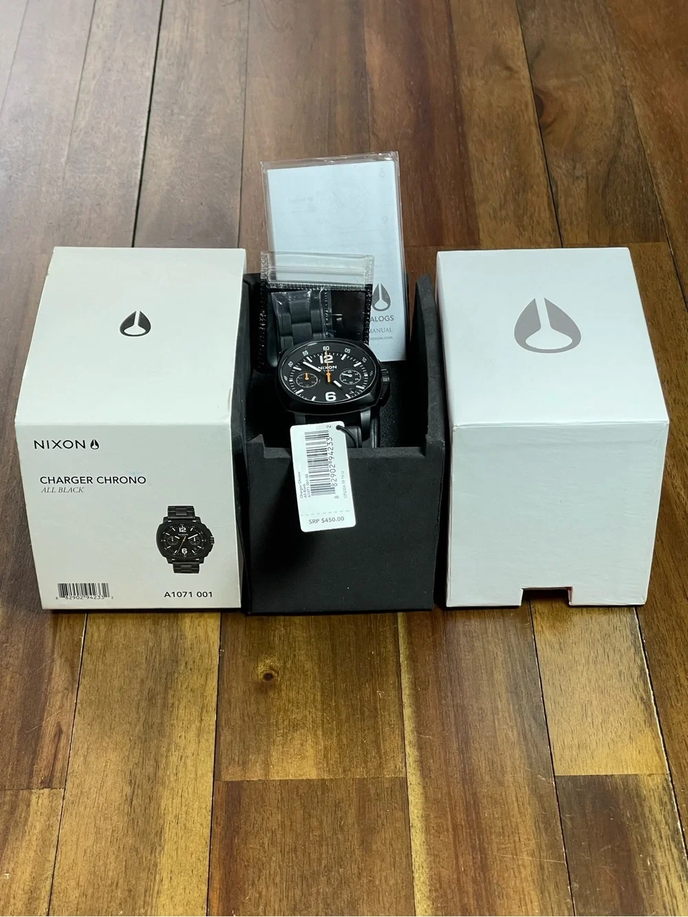 Nixon Charger Black Stainless Steel Chronograph Watch with Orange Hands